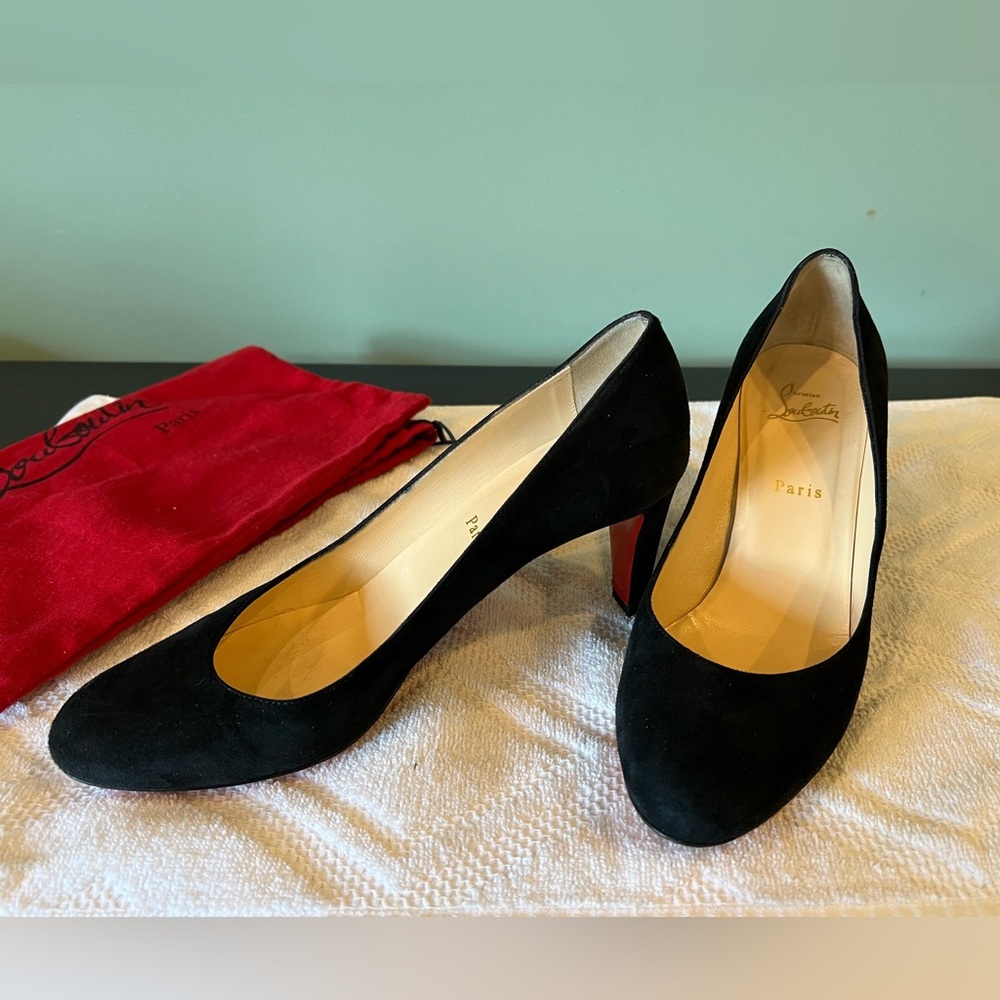 Black suede Chr. Louboutin pumps, 3” heels, EU size 41, fits US size 10